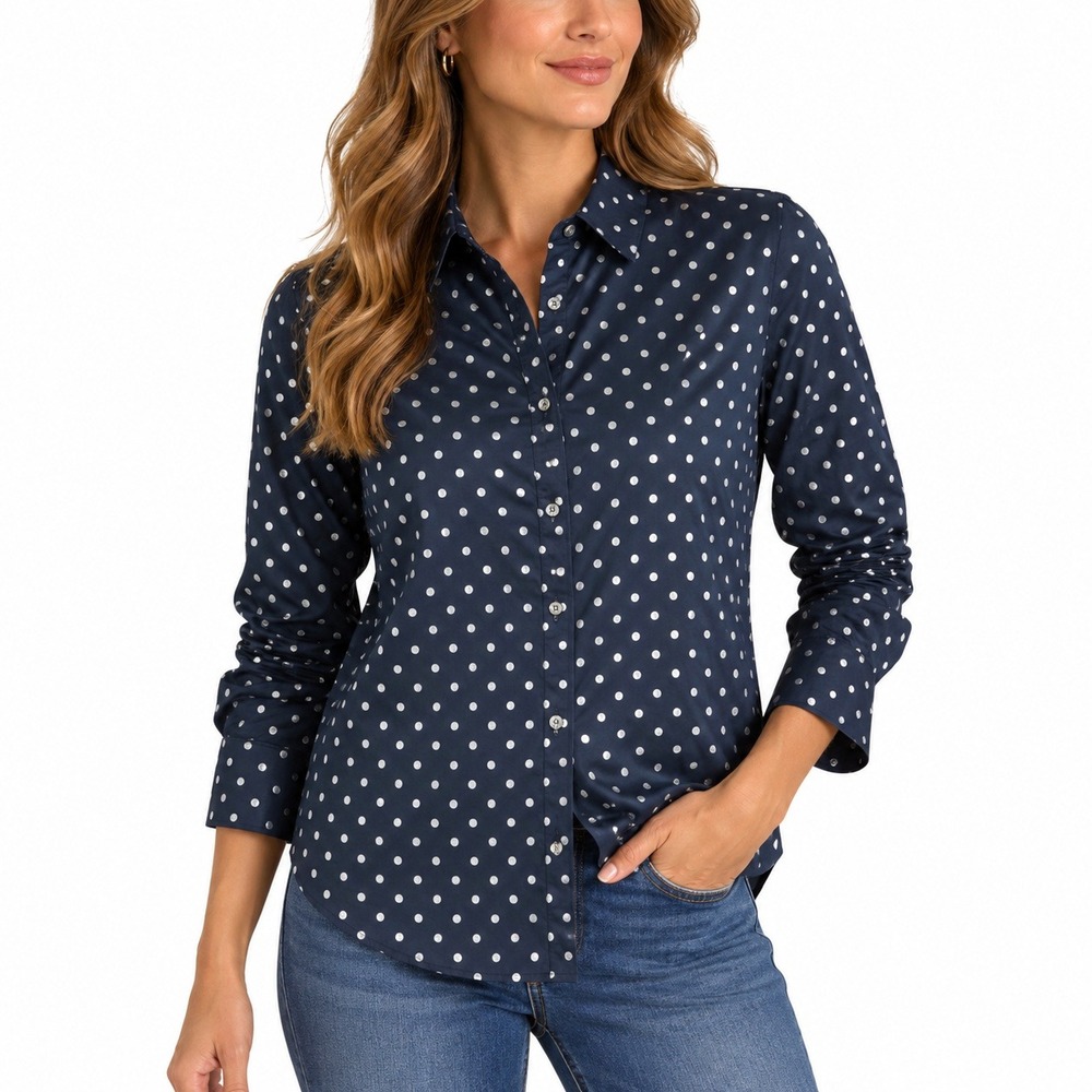 J.Crew Perfect Shirt Navy Silver Metallic Polka Dot Button Up Size 12